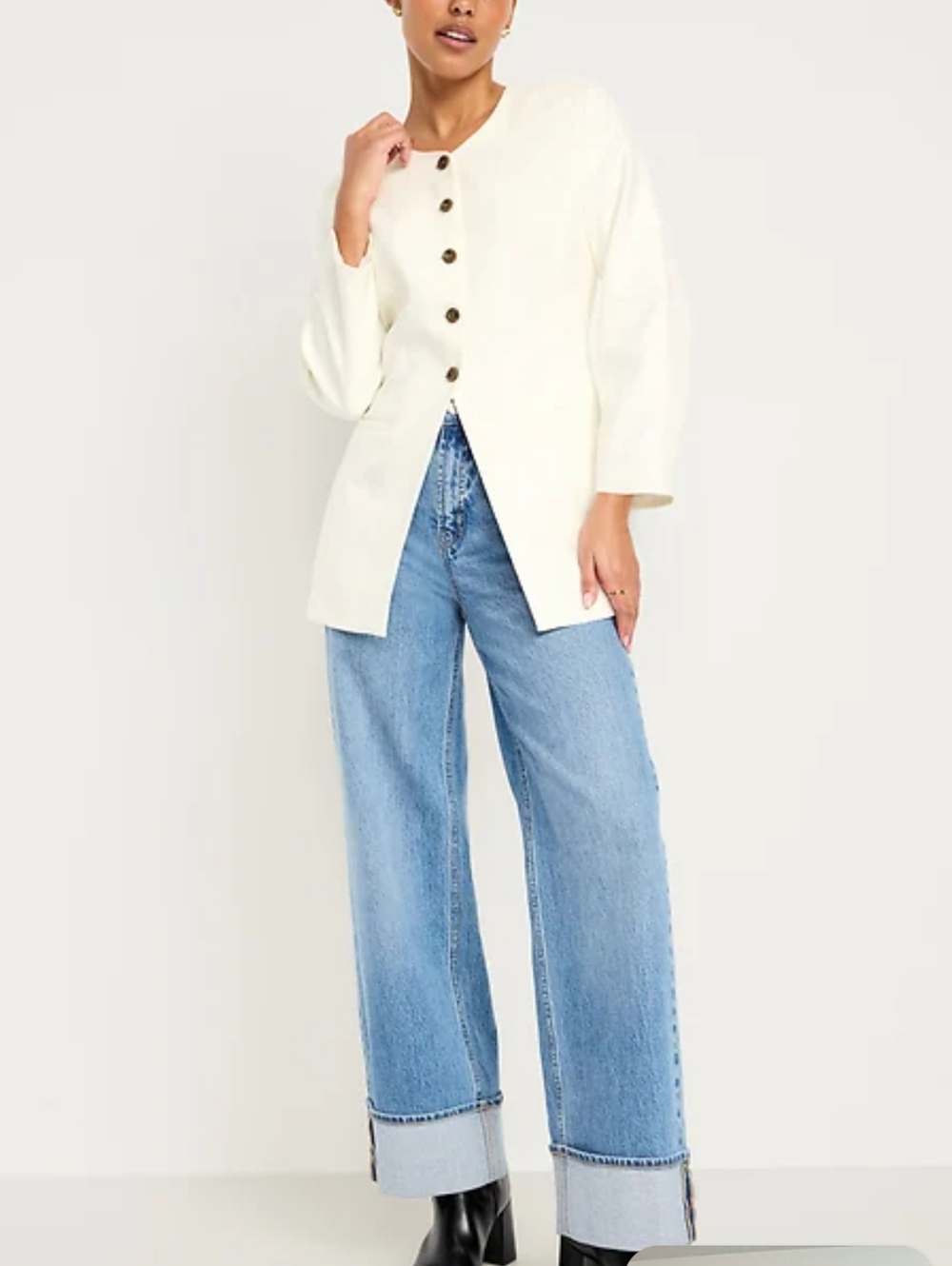 Old Navy Collarless Linen Blend Blazer Buttoned Fitted Long - Picture 3 of 10